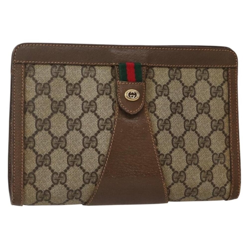 GUCCI GG Supreme Web Sherry Line Clutch Bag PVC Beige Gold